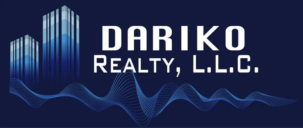 A blue and white logo for darik realty, l. P.